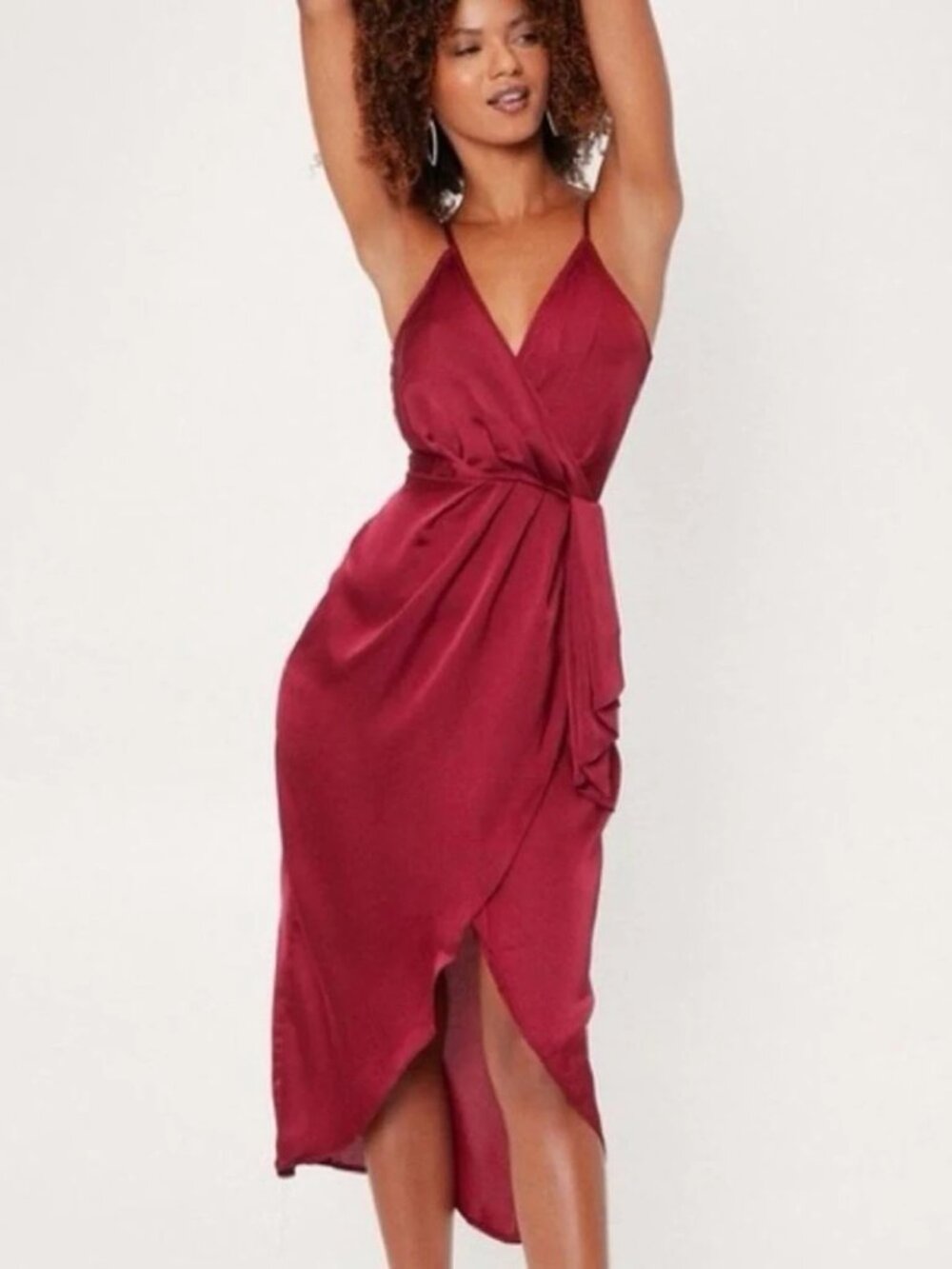 NWT Nasty Gal Burgundy Satin Wrap Midi Dress Spaghetti Strap Size 6 Party